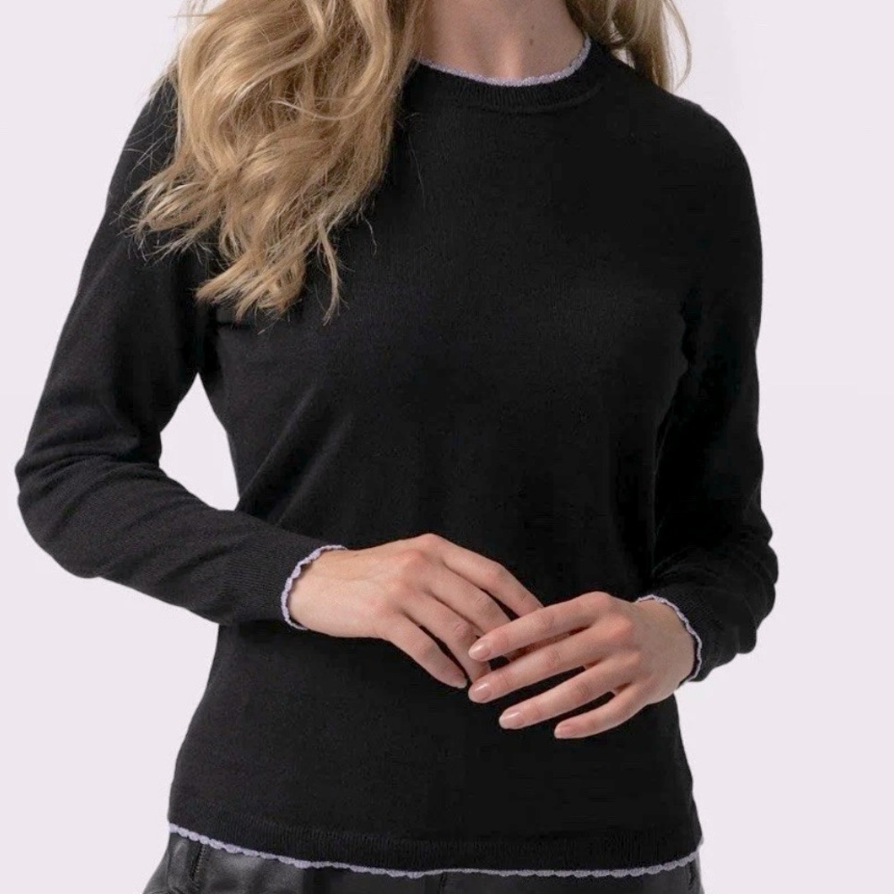 Saint + Sofia Black Sweater with Purple Metallic Scalloped Trim‎ S